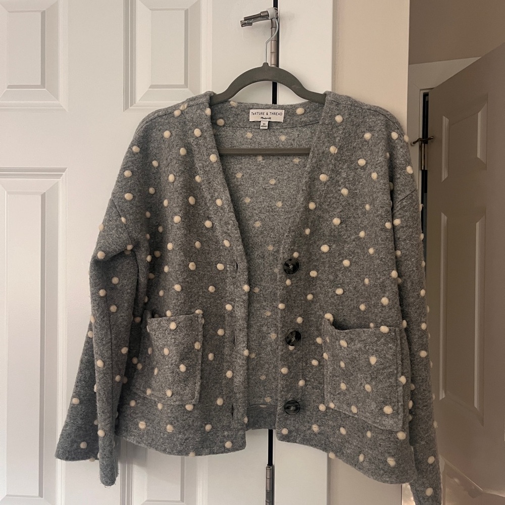 Madewell Gray and Cream Polka Dot Cardigan